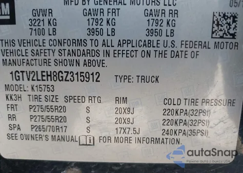 2016 GMC Sierra 1500 from USA, damaged, VIN 1GTV2LEH8GZ315912
